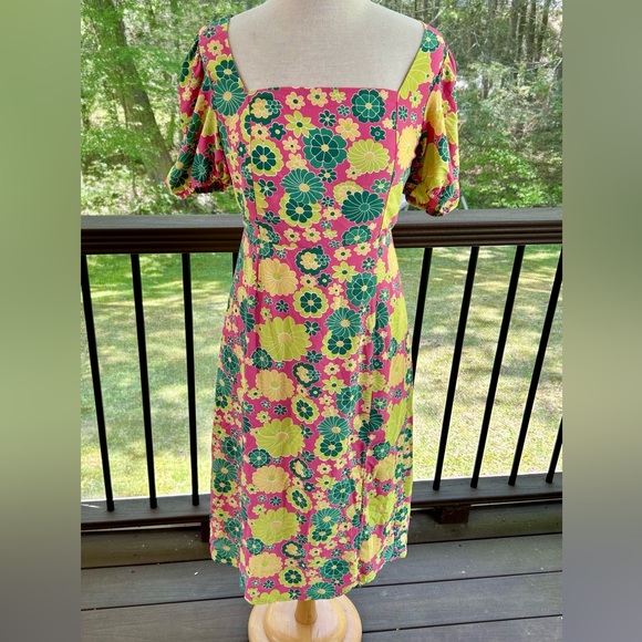 Glamorous Pink Green Yellow Size 8 Dress Floral Tie Back Square Neck Side Split - Picture 2 of 13